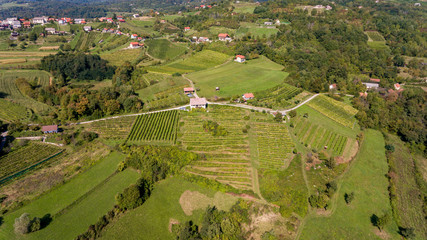Fototapeta na wymiar Spectacular aerial view of countryside with many fields and vineyards.