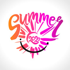 Vector yellow card Summer 2020. Rays of the sun, an handwritten calligraphy design. Stylish seasonal logo Summer.
