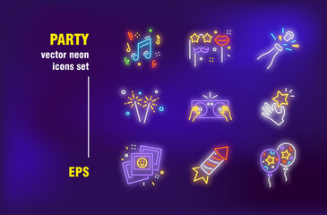 Party neon signs set. Decoration, accessory, carnival, music, balloon, DJ mixer. Night bright advertising. Vector illustration in neon style for invitation flyers, festive banners, posters design