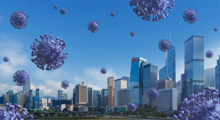 Coronavirus, COVID-19 fly in downtown and Destroy business. Covid 19, Corona virus falling from blue sky on Skyscraper, building, business tower at City center under infect, Medical, pandemic concept