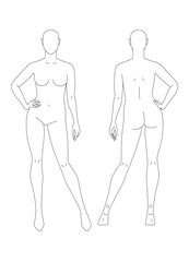 Sketch of a full female body. Front and back view. The position of the hand at the waist. Female body template for drawing clothes. You can print and draw directly on sketches. Fashion Illustration.