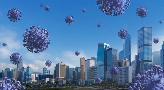 Coronavirus, COVID-19 fly in downtown and Destroy business. Covid 19, Corona virus falling from blue sky on Skyscraper, building, business tower at City center under infect, Medical, pandemic concept - Powered by Adobe