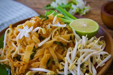 Pad Thai with eggs. Popular Thai food 