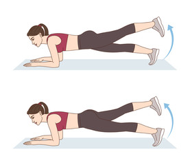 A woman is doing sports exercises. Raised leg elbow plank. Workout for the buttocks and lower back. Fitness for weight loss.