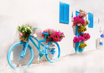 Charming bar and street decoration design in retro style with old bicycle and flowers. Floral bike decor