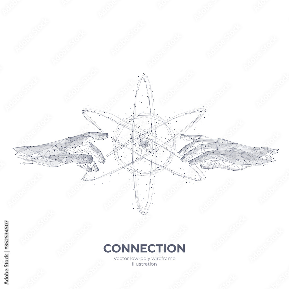 Leinwandbilder Double 3d image of hands touching abstract technology circles with global connection lines. Digital polygonal mesh  Vector connection, data exchange technology concept isolated on white background. 