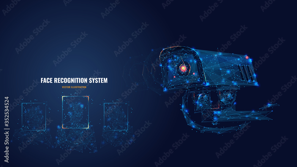 Aufkleber Abstract 3d camera scanning faces. Polygonal face recognition system, biometric scanning, technologies based on neural networks concept. Artificial intelligence vector illustration with connected dots