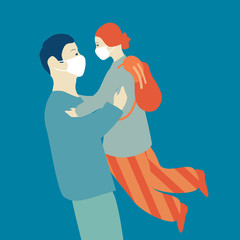 Father raising up daughter wearing white medical mask. Prevent coronavirus COVID-19, quarantine. Vector illustration.