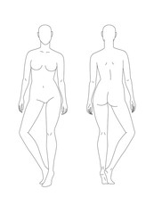 Sketch of a full female body. Front and back view. The position of the hands along the length of the body. You can print and draw directly on sketches. Fashion Illustration.