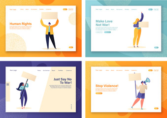 Website landing page set with flat cartoon protesting people against war, human rights violations and violence Characters with placards and signboard on strike or demonstration, riot, picket, protest.