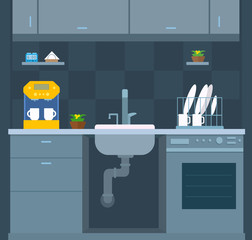 Kitchen interior design. Opened visible sink, sewer pipe. Front view. Wall cabinets, dishwasher, coffee machine, dish dryer, flowerpot. Plumbing maintenance. A vector cartoon flat style illustration.