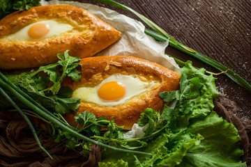 
Khachapuri in Adjara. Georgian cuisine. Top view.