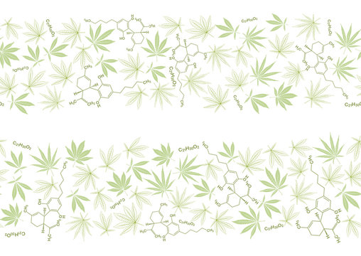 Cannabis leaves and cbd, cannabidiol formula seamless pattern, background. Vector illustration in green colors. Isolated on white background.