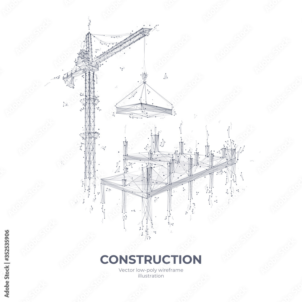 Poster 3d high tower crane holding slab. isolated construction equipment in white background. vector sketch