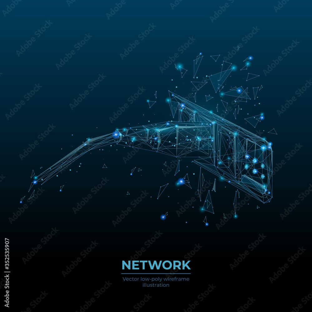 Poster Low poly 3d ethernet cable connected in network switch in dark blue. Internet connection, global network information technology concept. Abstract vector illustration with lines, dots and particles