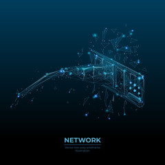 Low poly 3d ethernet cable connected in network switch in dark blue. Internet connection, global network information technology concept. Abstract vector illustration with lines, dots and particles