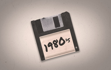 A retro synthwave 1980's themed old black aged floppy disk illustration background with copy space