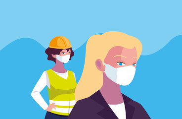 Architect and builder woman with mask and helmet vector design