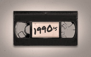 A retro 1990's themed old black VHS video tape illustration background with copy space