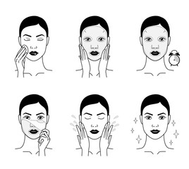Cosmetic mask for the face. Steps how to apply a face mask. Cosmetics and care. Dark version.