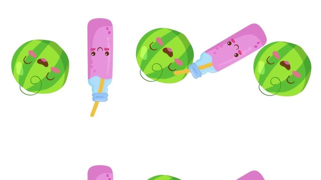 Endless video with cute watermelon characters with funny faces falling from top. Summer fruits smoothie in glass bottle. Kawaii food clip on white background.