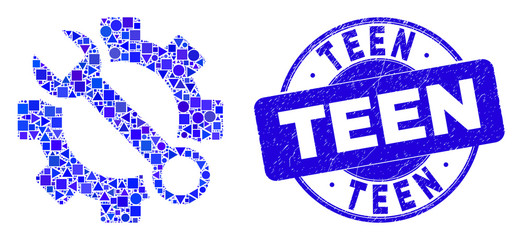 Geometric wrench tools mosaic pictogram and Teen seal stamp. Blue vector round textured seal stamp with Teen message. Abstract collage of wrench tools composed of sphere, tringle,
