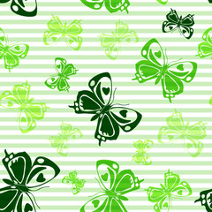 Flying butterfly silhouettes over striped background vector seamless pattern.