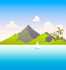 Fototapeta na wymiar landscape with mountain and sea - Marine scenic daytime vector travel background illustration with copy space at top and bottom for design of Banner.