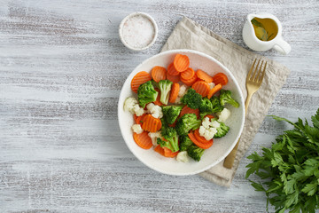 Mix of boiled vegetables. Broccoli, carrots, cauliflower. Steamed vegetables