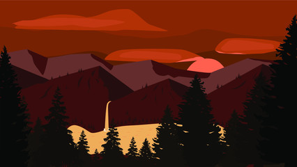 mountain landscape with a lake in red colors