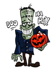Frankenstein laughs and holds a scary pumpkin in his hand, Halloween theme colorful cartoon