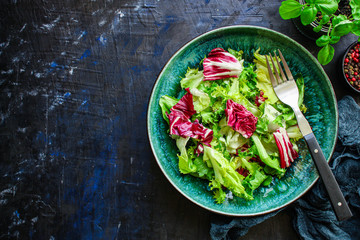 Healthy salad, leaves mix salad (mix micro greens, vegetable snack). food background, copy space for text keto or paleo diet 