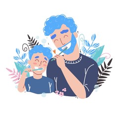 Father and son Brushing Their Teeth. happy family and health.