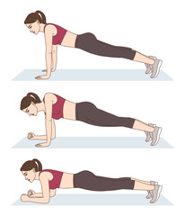 A woman does sports exercises. Up and down planks. Workout for the abs. Fitness for weight loss.