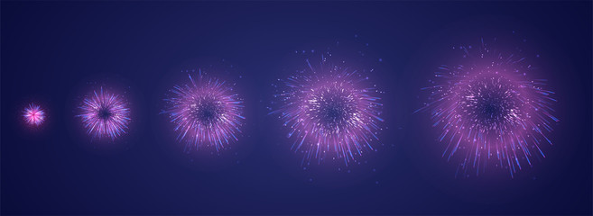 vector set of different stages of a firework explosion on a dark purple background