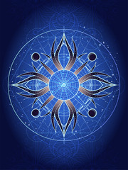 Vector illustration of Sacred geometry symbol on abstract background. Image in blue color.