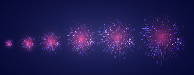 vector set of different stages of a firework explosion on a dark purple background