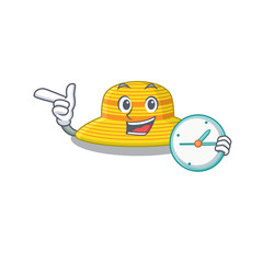 mascot design style of summer hat standing with holding a clock