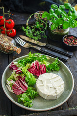 cheese Camembert or Brie Menu concept. food background top view copy space for text keto or paleo diet healthy eating, raw 