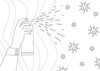 Hand and spray for sterilizing and eliminating bacteria and virus, outline vector stock illustration with disinfection as a coloring page
