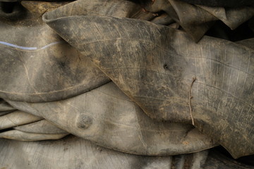 Old used tires in the garage 