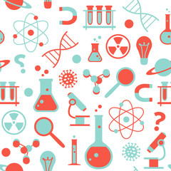 Science seamless pattern with the symbols of science, laboratory and chemistry. Repetitive vector illustration on transparent background. 