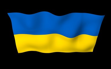 The flag of Ukraine on a dark background. National flag and state ensign. Blue and yellow bicolour. 3D illustration waving flag