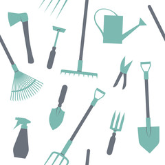 Gardening tools seamless pattern. Repetitive vector illustration on transparent background. Trowel, shovel, rake, pitchfork, pruning shears, watering can.