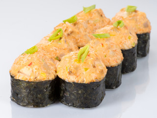 Tasty fresh sushi rolls isolated on white background. Japanese cousine, asian food. Seafood, fish, rice