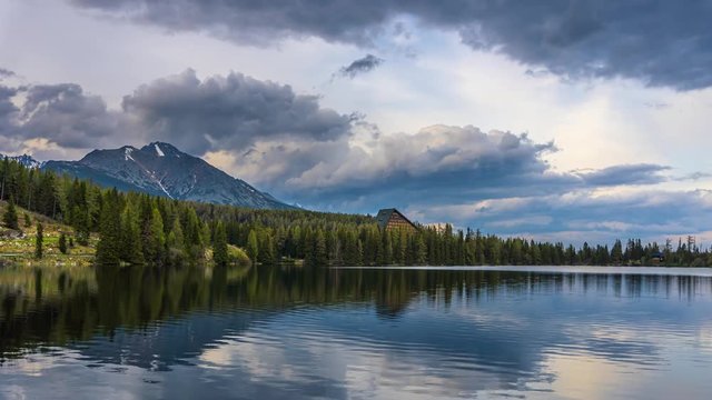 Timelapse of a mountain lake Strbske pleso in High Tatra Mountains, Slovakia