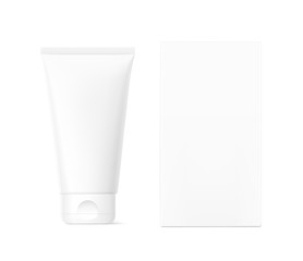 Blank plastic tube for cosmetics with cardboard box mockup. Front view. Vector illustration isolated on white background. Can be use for your design, advertising, promo and etc. EPS10.	