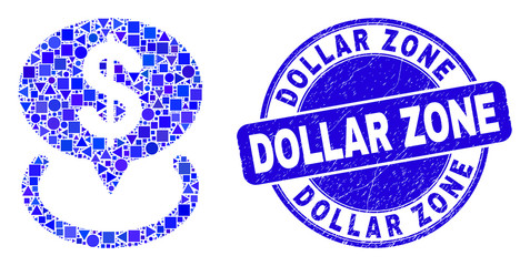 Geometric dollar placement mosaic icon and Dollar Zone seal stamp. Blue vector rounded textured seal stamp with Dollar Zone phrase. Abstract concept of dollar placement made of spheric, triangles,
