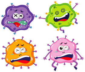 Set of virus cells with facial expressions on white background