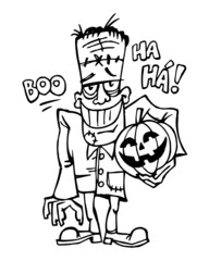 Frankenstein laughs and holds a scary pumpkin in his hand, Halloween theme black and white cartoon
